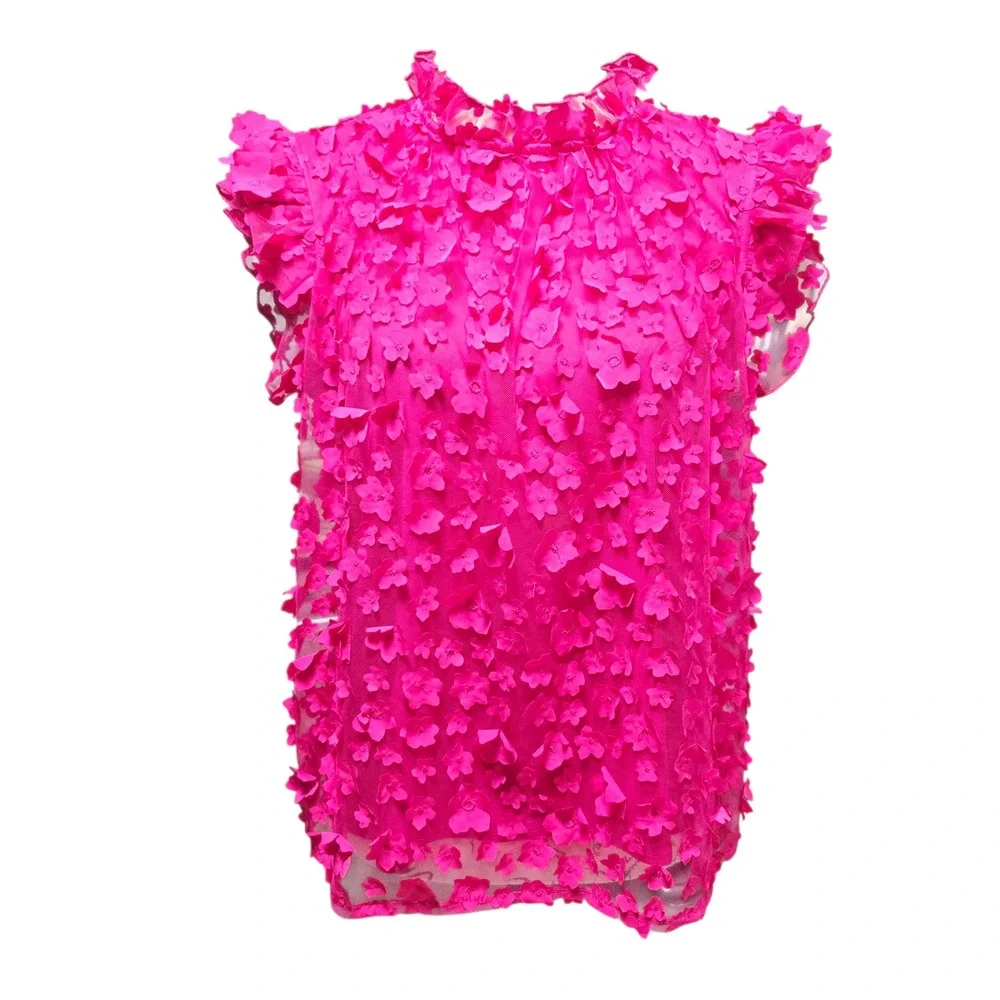 Eva Franco Vixen Top in Orchid Petal Hot Pink 3D Floral Applique Ruffle Size‎ 4